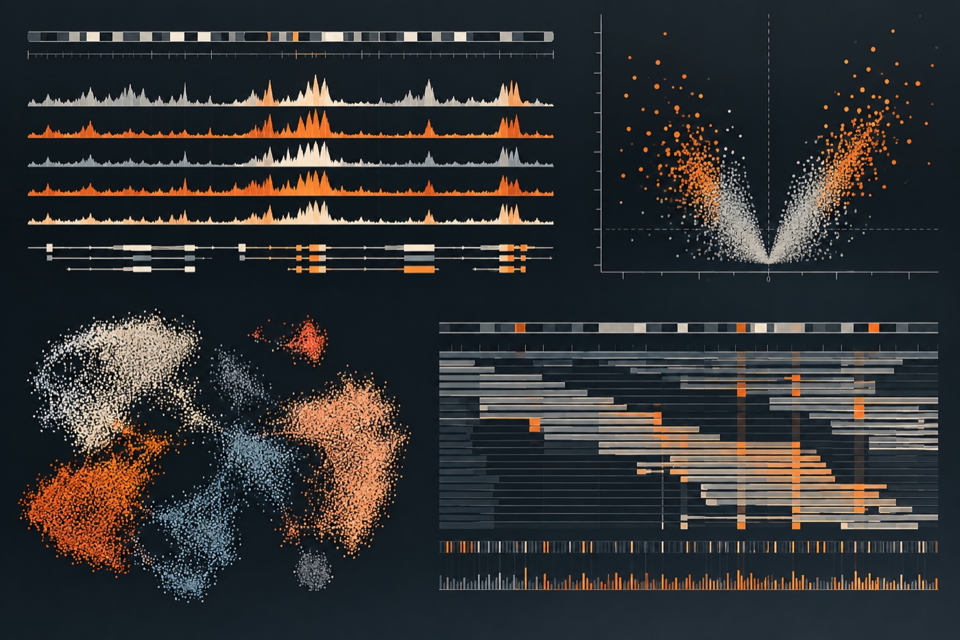 Composite bioinformatics analysis showing sequencing, differential expression and single-cell data
